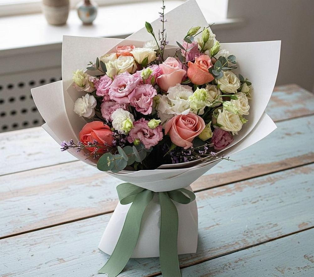 Букет цветов из: Розы, Лизиантусы и Гвоздики в Гарь-Покровское