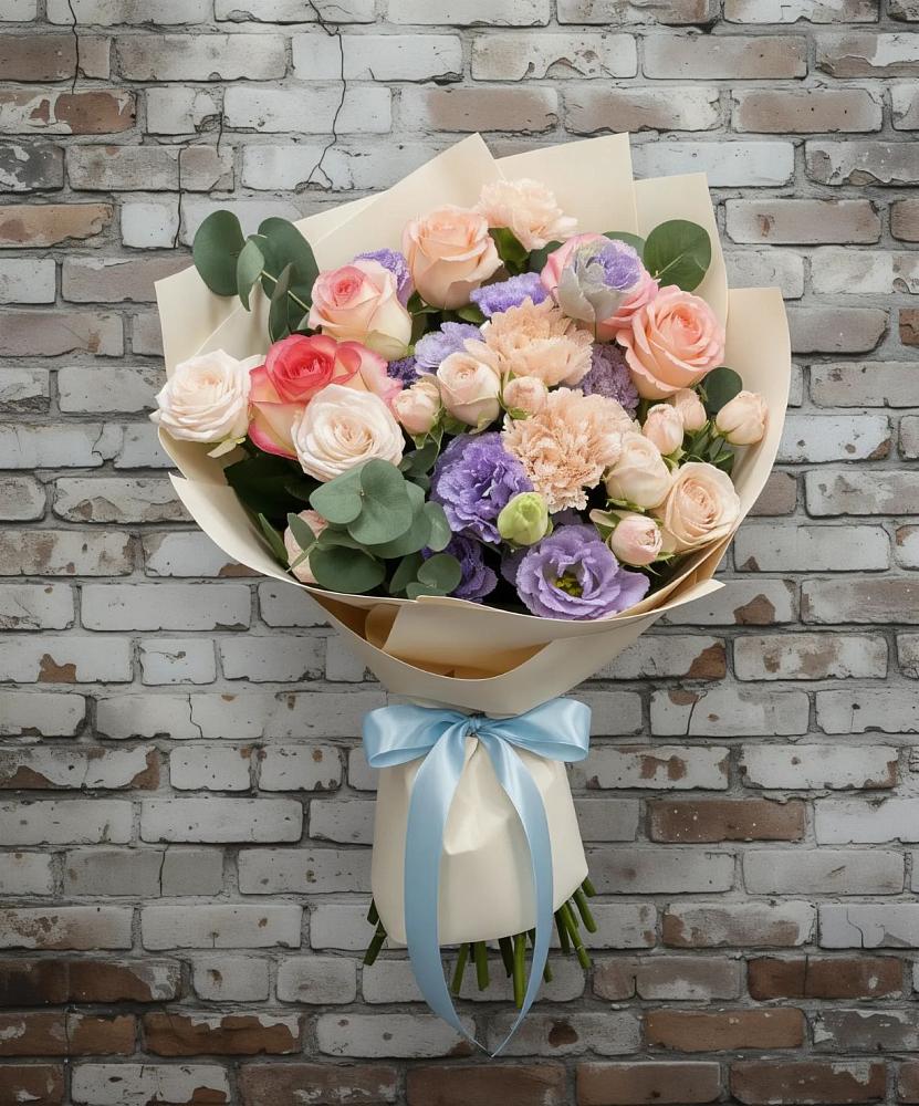 Букет цветов из: Розы, Лизиантусы и Гвоздики в Гарь-Покровское