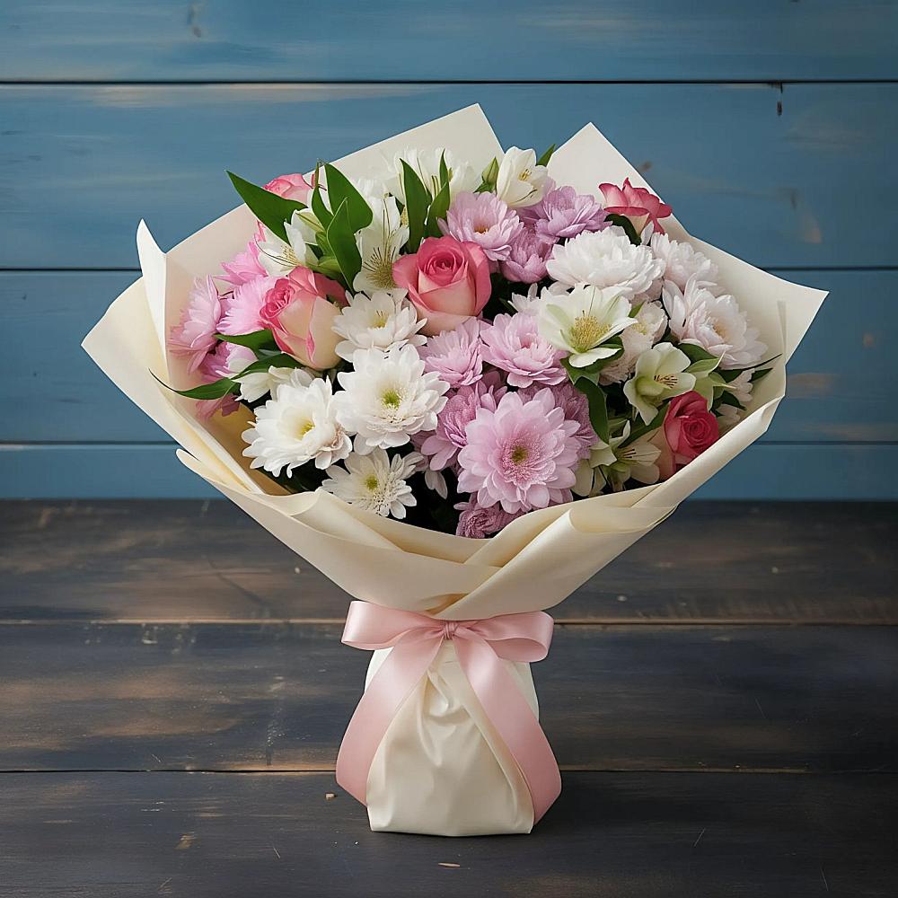 Букет цветов из: Хризантемы, Альстромерии и Розы в Гарь-Покровское